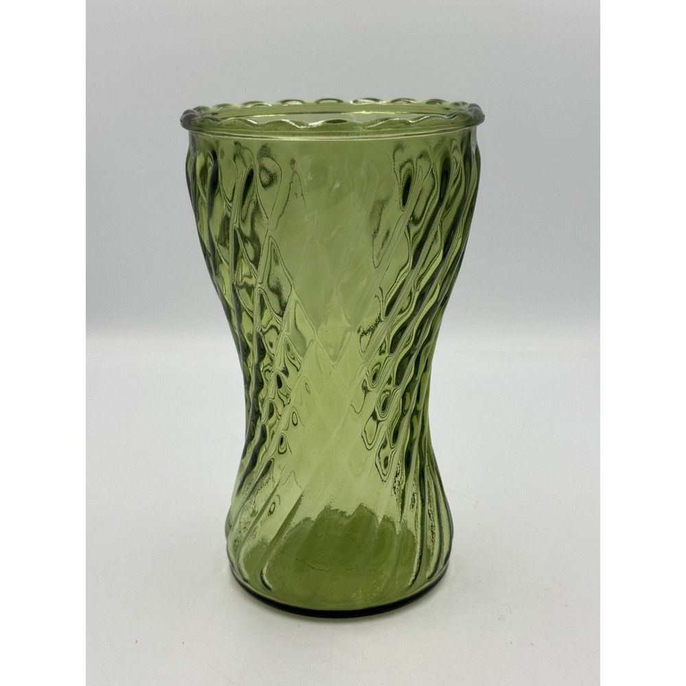 Vintage Avocado Green Twisted Spiral Swirl Glass Vase 8" Vintage MCM Decor